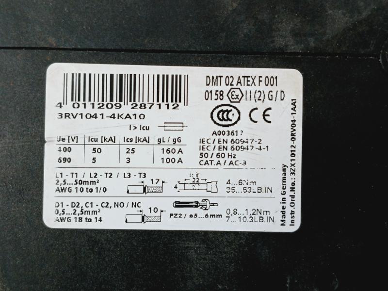 Siemens 3rv1041-4ka10 Circuit Breaker For Motor 50/60 Hz