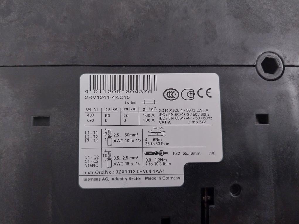 Siemens 3Rv1341-4Kc10 Circuit Breaker 600V 50/60Hz