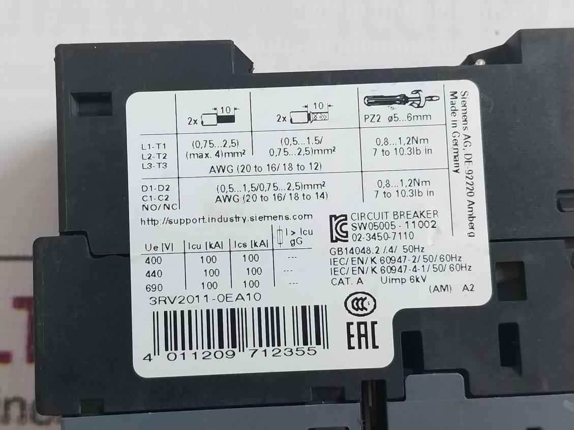 Siemens 3Rv2011-0Ea10 Sirius Circuit Breaker Iec/En/K 60947-4-1/50/60Hz