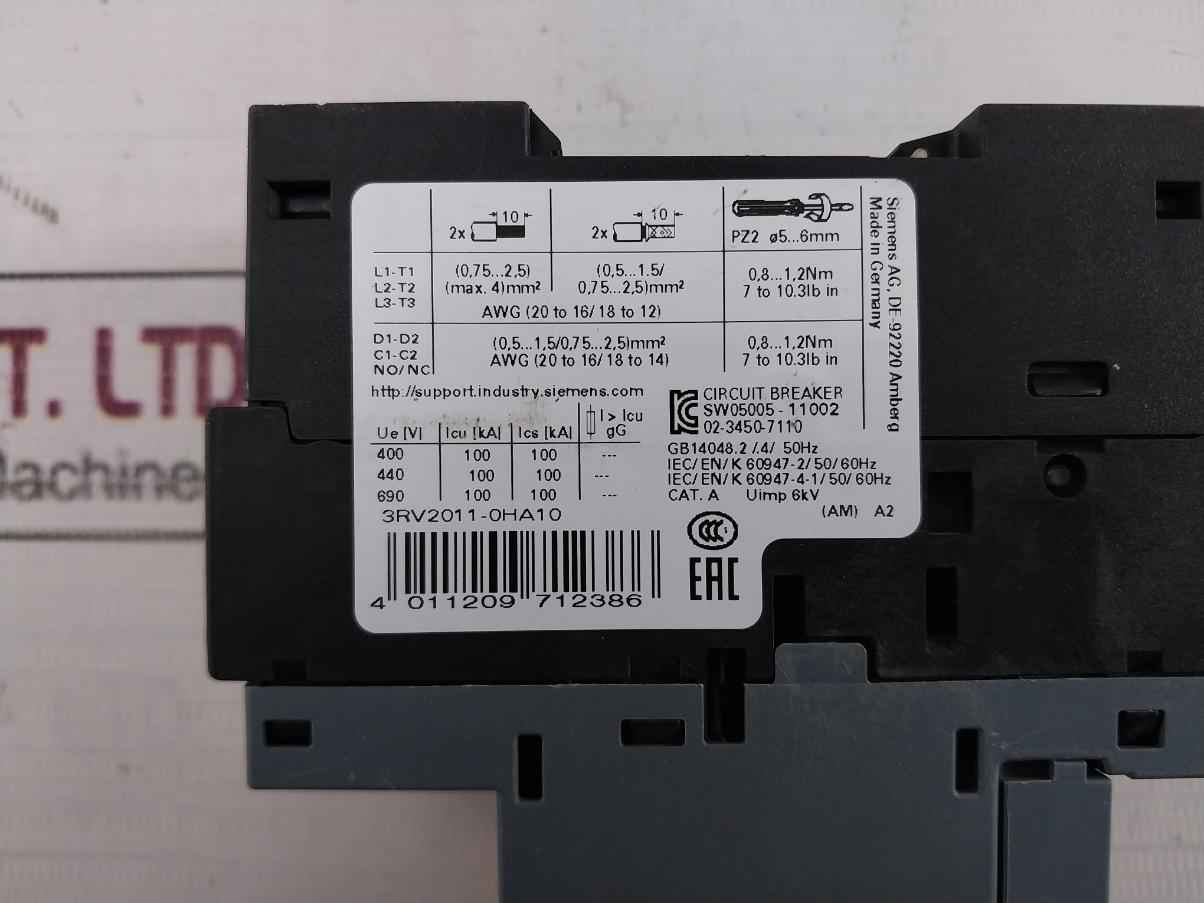 Siemens 3Rv2011-0Ha10 Circuit Breaker 50/60Hz 6Kv -20C Ta 60C