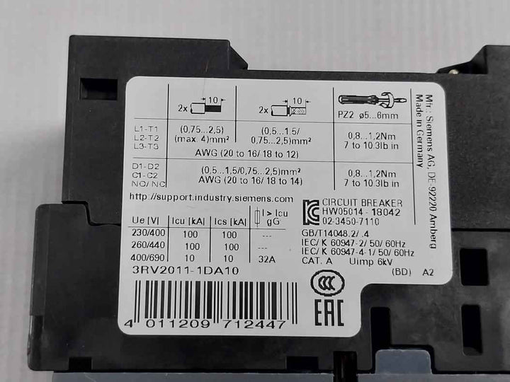 Siemens 3Rv2011-1Da10 Sirius Motor Protection Circuit Breaker 600V 50/60 Hz