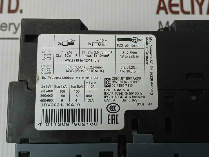 Siemens 3Rv2021-1Ka10 Sirius Circuit Breaker -20C Ta 60C 6Kv 50/60Hz