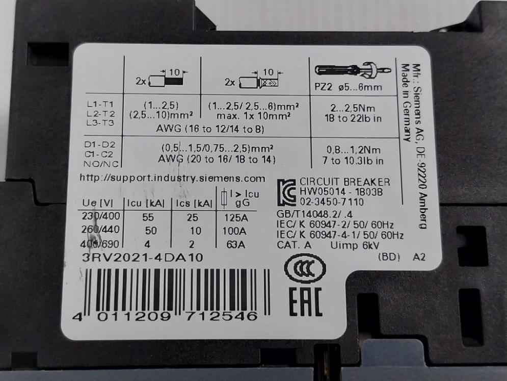 Siemens 3Rv2021-4Da10 Circuit Breaker For Motor Protection 480V 50/60Hz