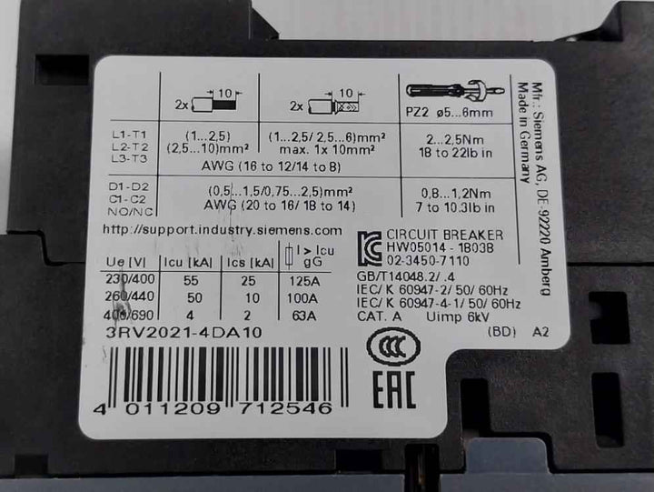 Siemens 3Rv2021-4Da10 Circuit Breaker For Motor Protection 480V 50/60Hz