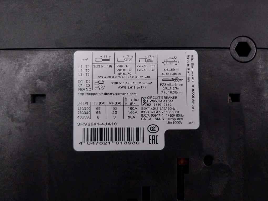 Siemens 3Rv2041-4Ja10 Sirius Circuit Breaker 3-pole 45-63A Max Lo230321