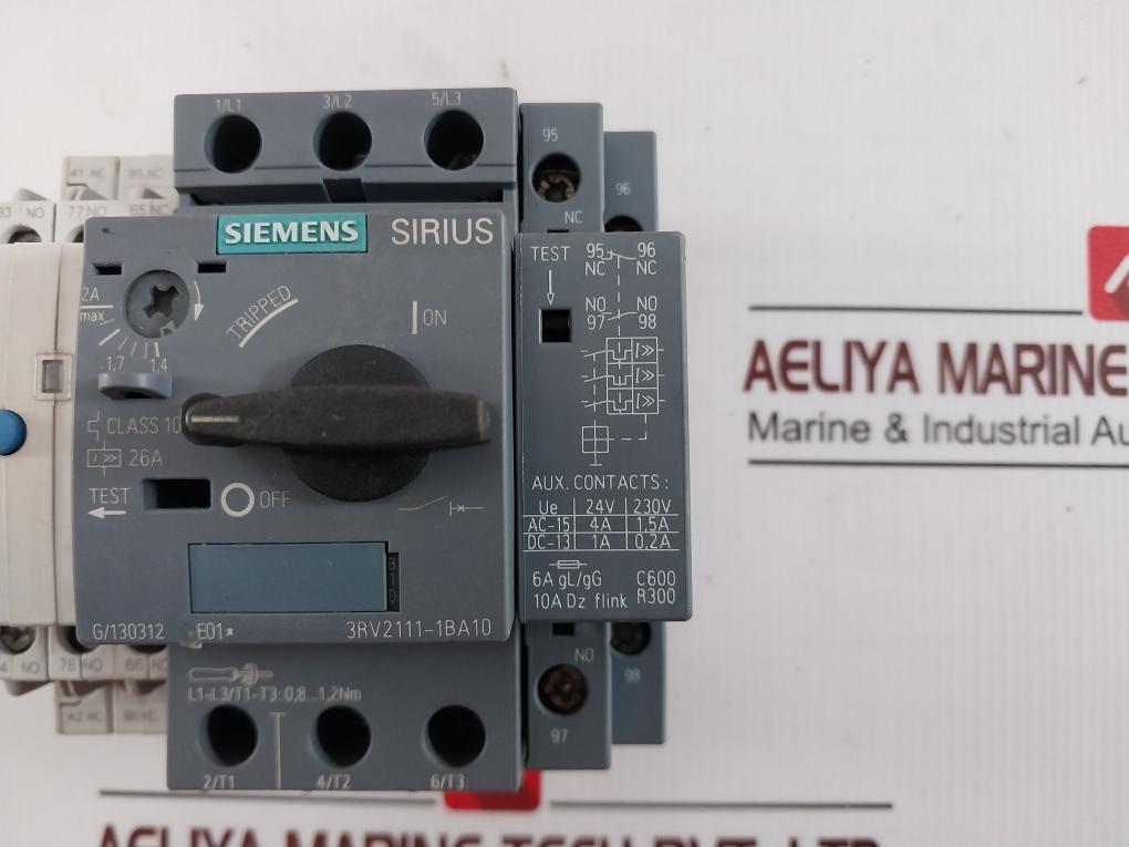 Siemens 3Rv2111-1Ba10 Sirius 3 Pole Circuit Breaker 26A Iec/En 60947-5-1 1.4-2A