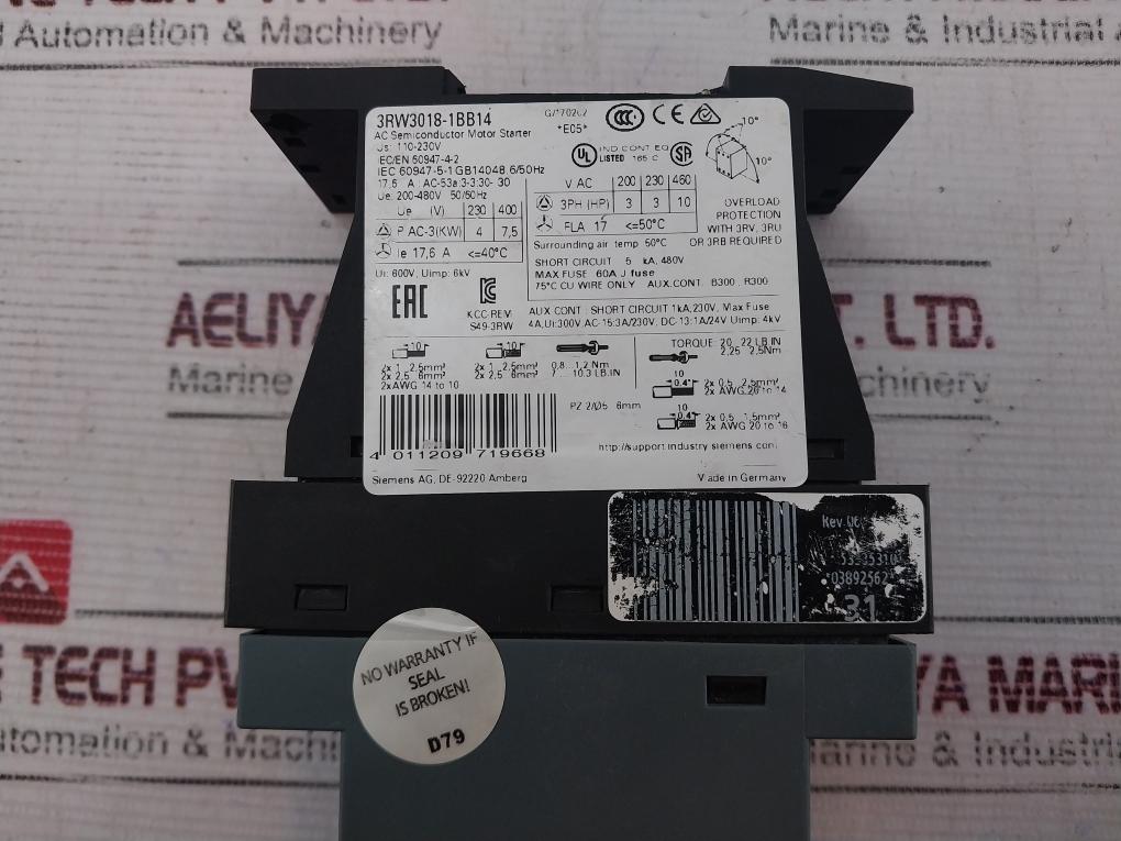 Siemens 3rw3018-1bb14 Ac Semiconductor Motor Soft Starter 200-480v 50/60hz