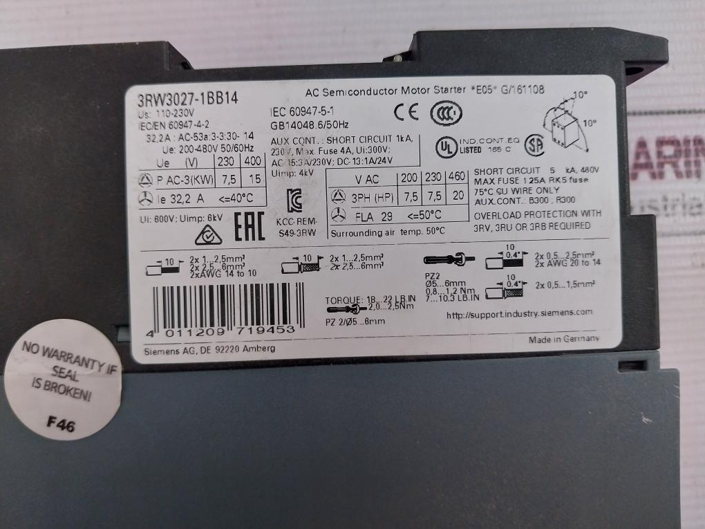 Siemens 3Rw3027-1Bb14 Ac Semiconductor Motor Starter 200-480V 50/60Hz