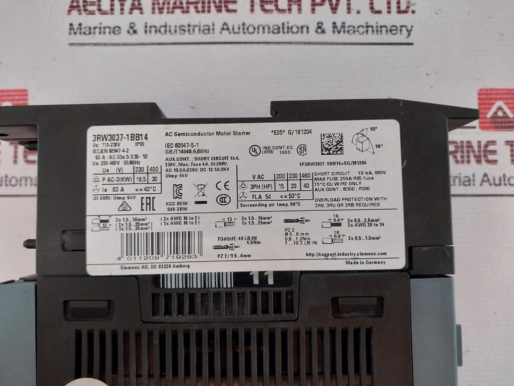 Siemens 3Rw3037-1Bb14 Ac Semiconductor Motor Starter Rev 12