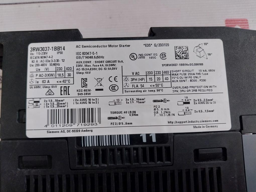 Siemens 3Rw3037-1Bb14 Ac Semiconductor Motor Starter 4Kv