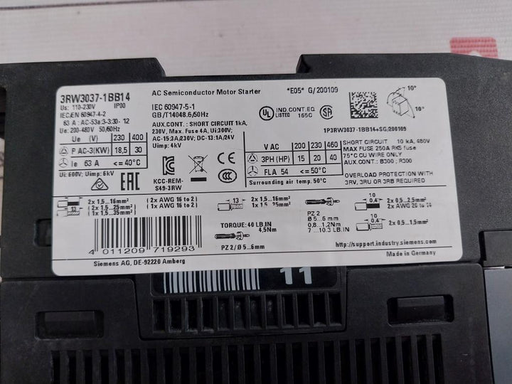 Siemens 3Rw3037-1Bb14 Ac Semiconductor Motor Starter 4Kv