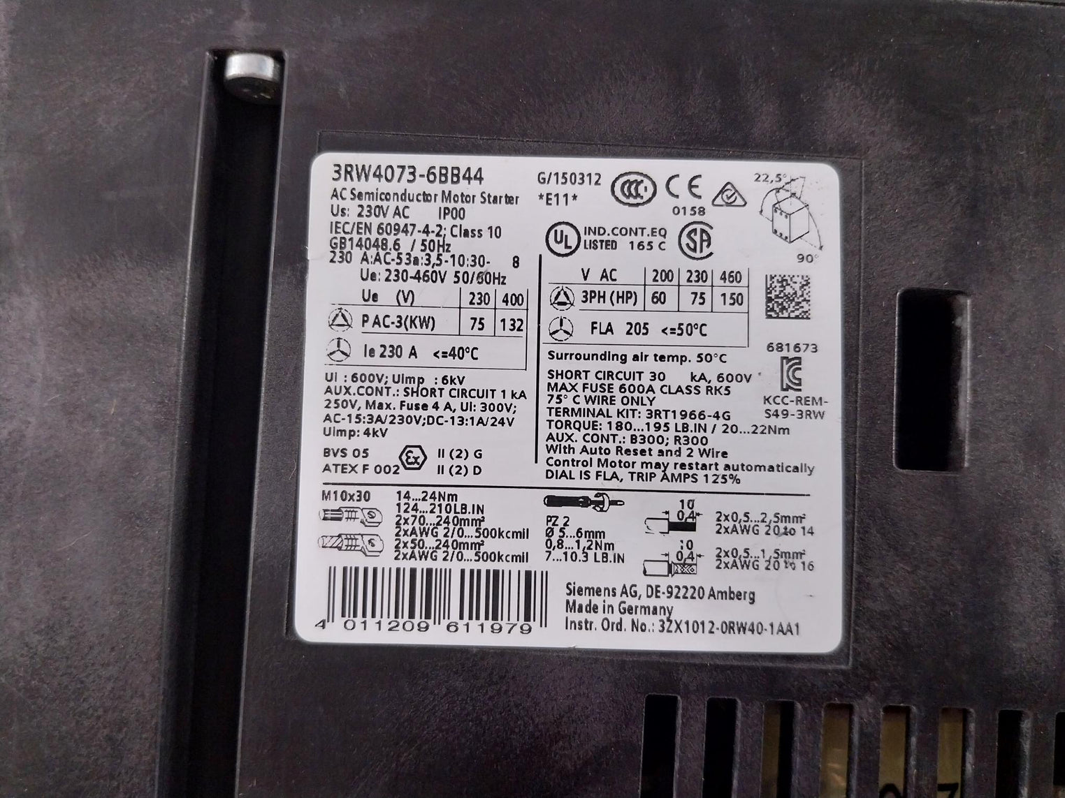 Siemens 3Rw4073-6Bb44 Sirius Semiconductor Motor Starter Ip00