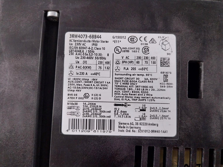 Siemens 3Rw4073-6Bb44 Sirius Semiconductor Motor Starter Ip00