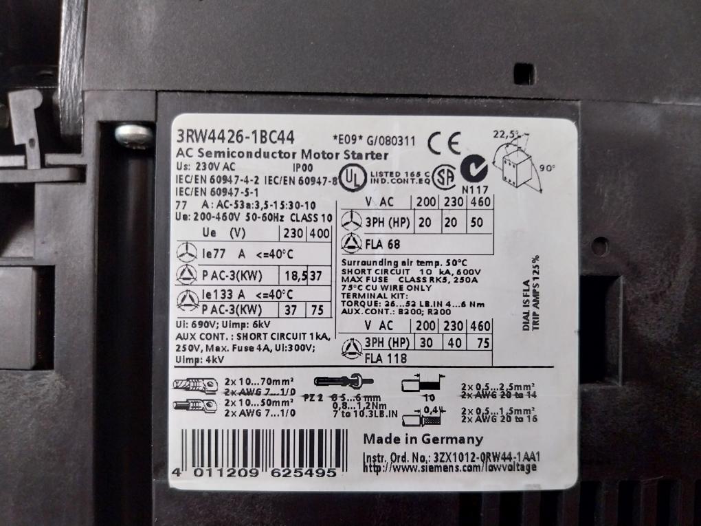 Siemens 3Rw4426-1Bc44 Soft Starter 50/60Hz