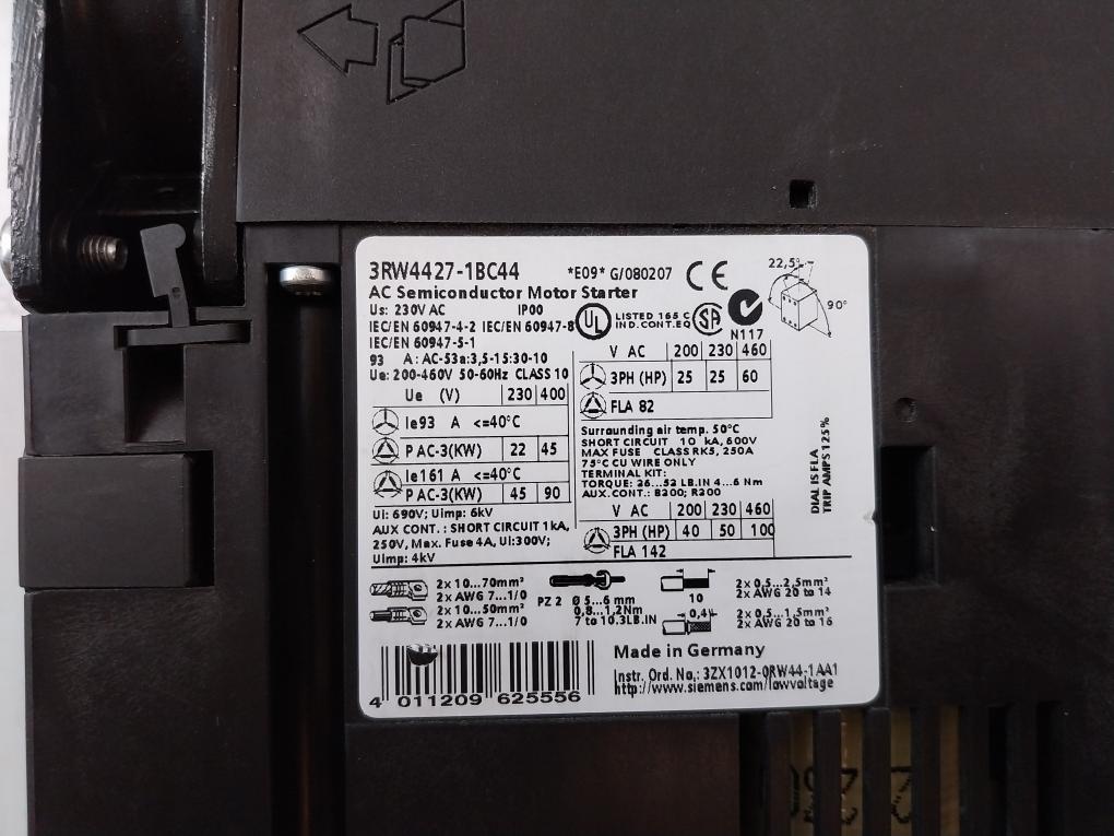 Siemens 3Rw4427-1Bc44 Motor Soft Starter Ip00 Class 10