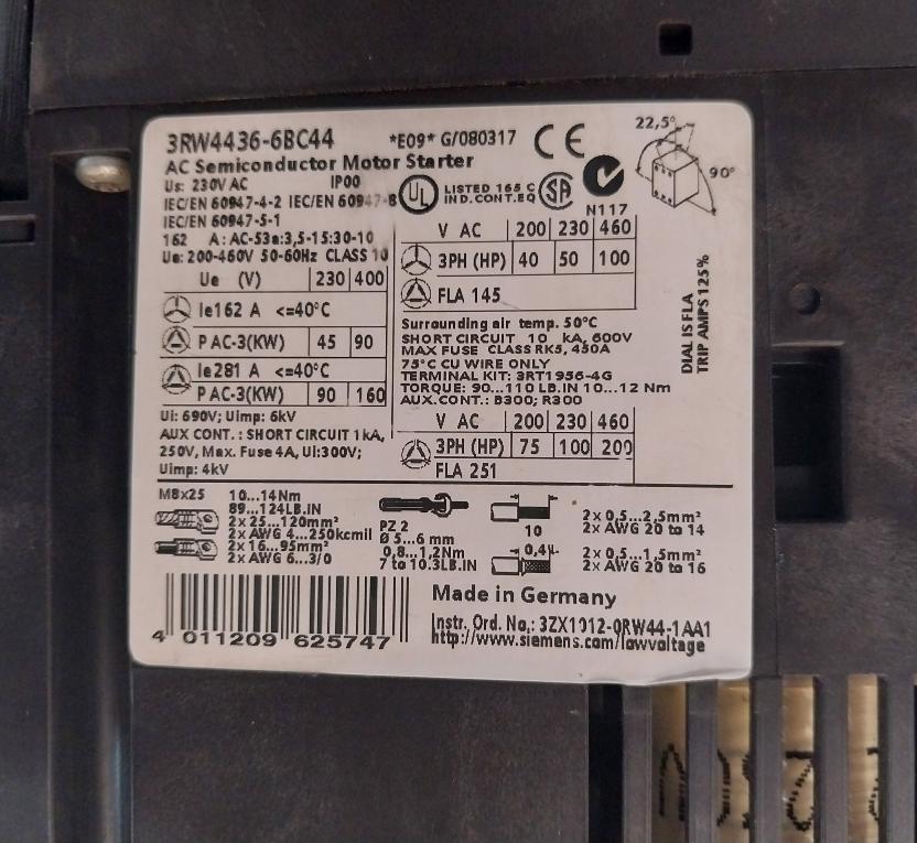 Siemens 3Rw4436-6Bc44 Ac Semiconductor Motor Starter 50/60Hz