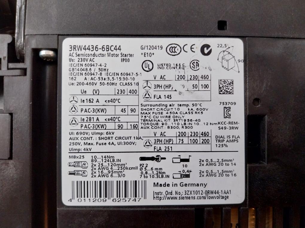 Siemens 3Rw4436-6Bc44 Sirius Soft Starter Class 10 50/60Hz