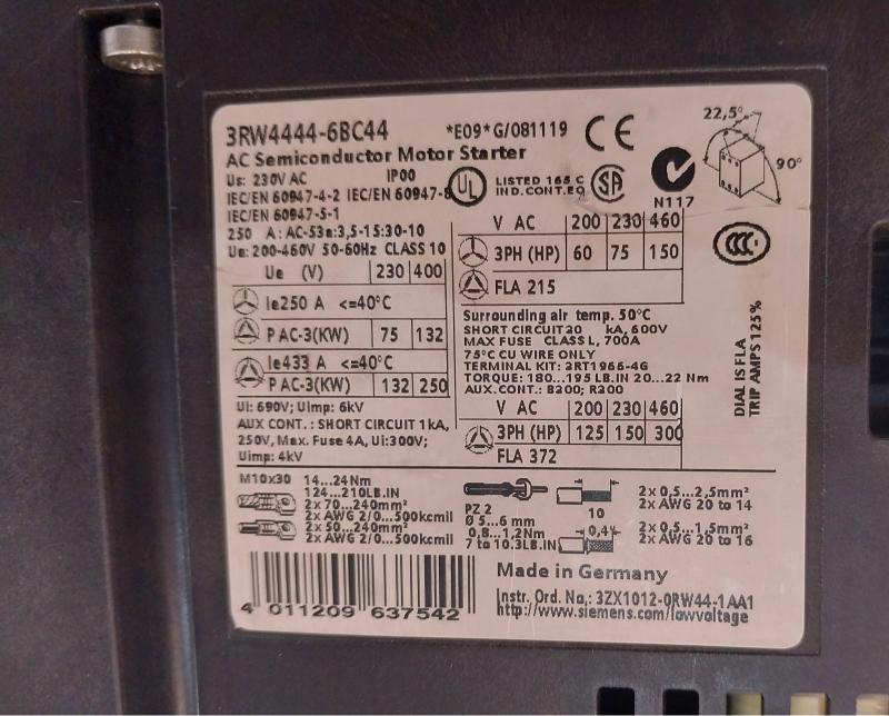 Siemens 3Rw4444-6Bc44 Ac Semiconductor Motor Starter Ip00 50/60Hz