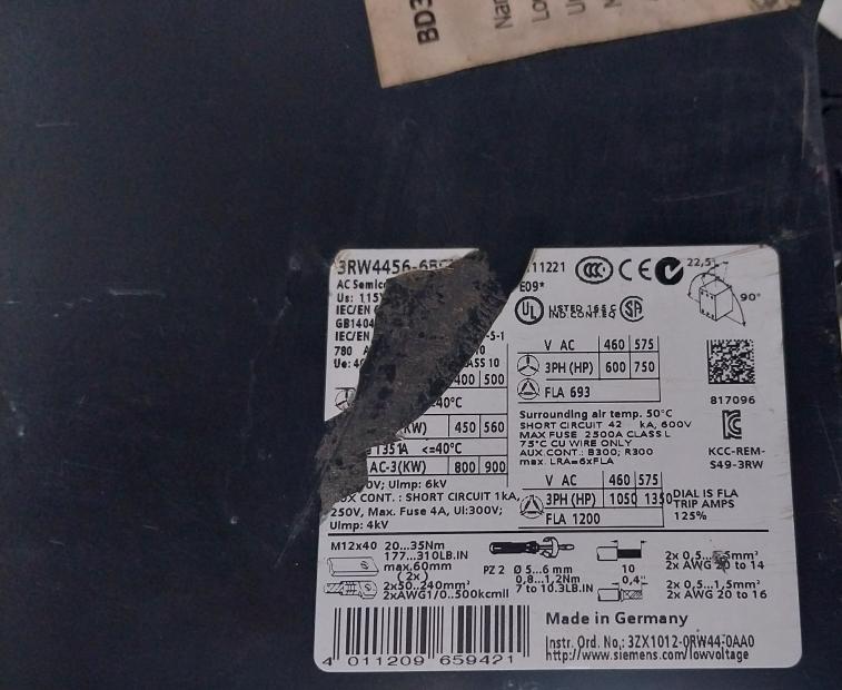 Siemens 3Rw4456-6Bc35 Ac Semiconductor Motor Starter 50-60Hz