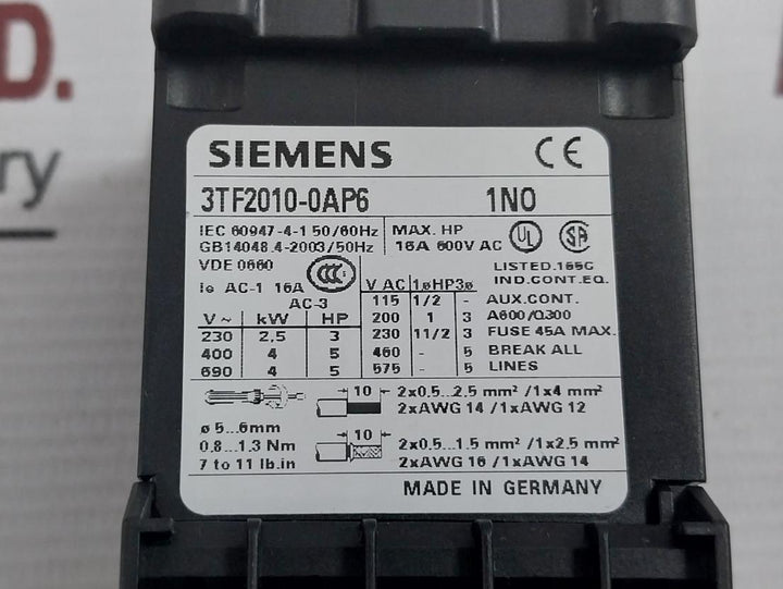 Siemens 3Tf20 10-0Ap6 Contactor 4Kw 400Vac