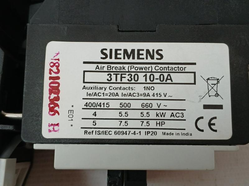 Siemens 3Tf30 10-0A Air Break Contactor Ie/Ac1=20A Ie/Ac3=9A 415V 690V