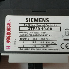 Siemens 3Tf30 10-0A Air Break Contactor Ie/Ac1=20A Ie/Ac3=9A 415V 690V