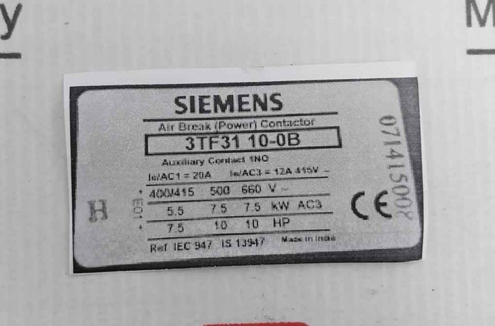 Siemens 3Tf31 10-0B Air Break (Power) Contactor 415V Ac 12A 071415008