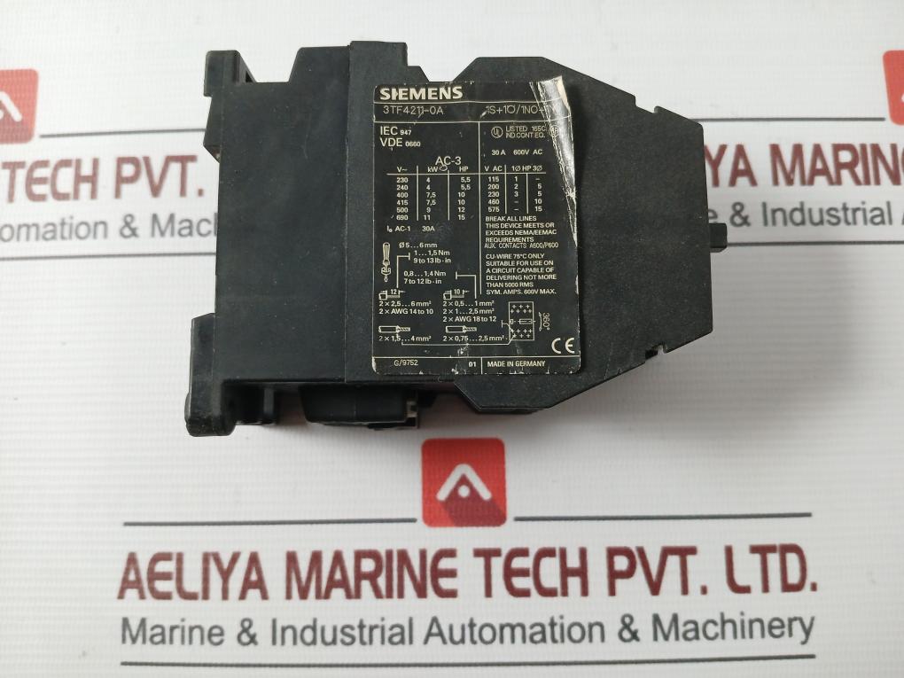 Siemens 3Tf4211-0A Power Contactor Ie Ac-1 30A 30A 600V Ac G/9752 Ac-3