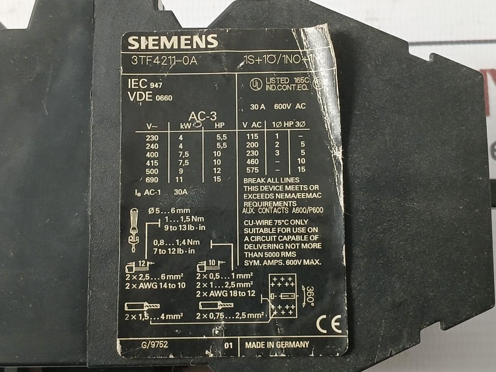 Siemens 3Tf4211-0A Power Contactor Ie Ac-1 30A 30A 600V Ac G/9752 Ac-3