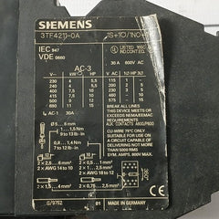 Siemens 3Tf4211-0A Power Contactor Ie Ac-1 30A 30A 600V Ac G/9752 Ac-3