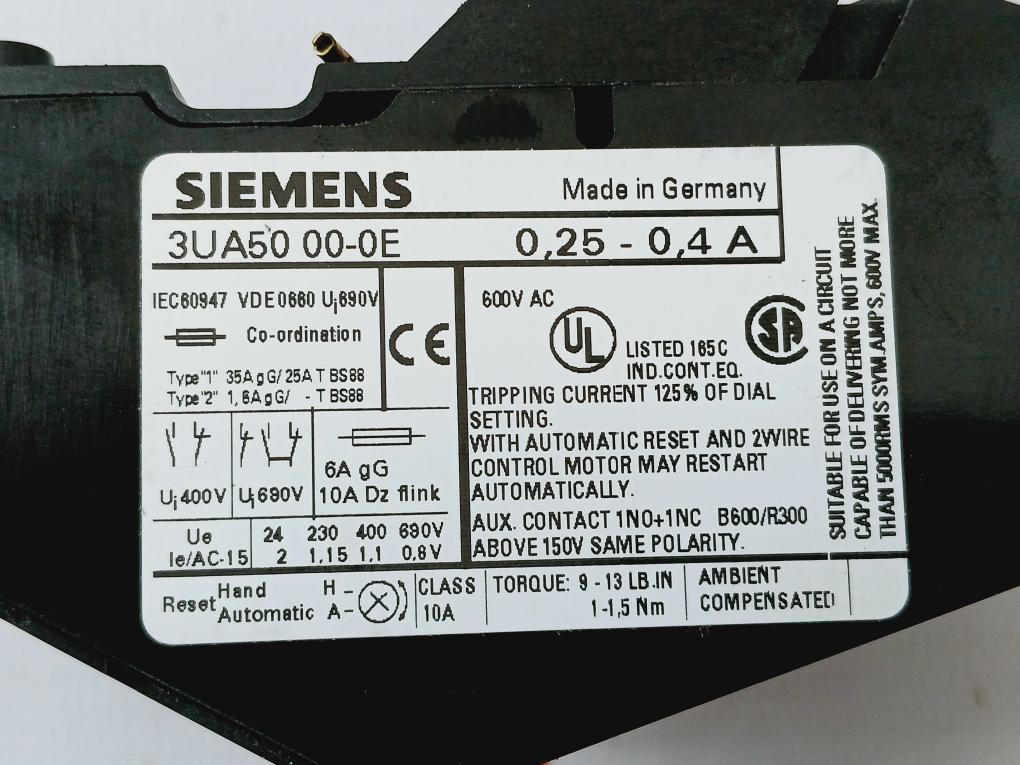 Siemens 3Ua50 00-0E Thermal Overload Relay Class 10A 600V Ac