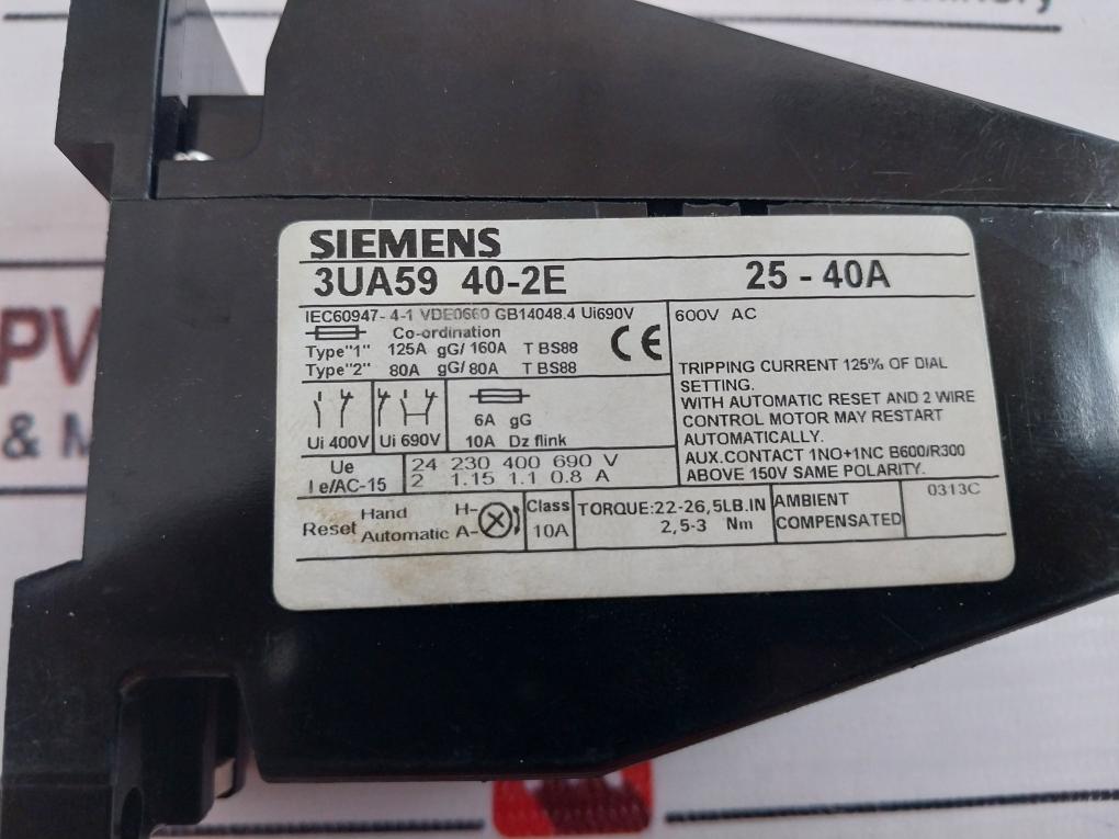 Siemens 3Ua59 40-2E Overload Relay 25-40A 3Zx1012-0Ua51-1Aa1