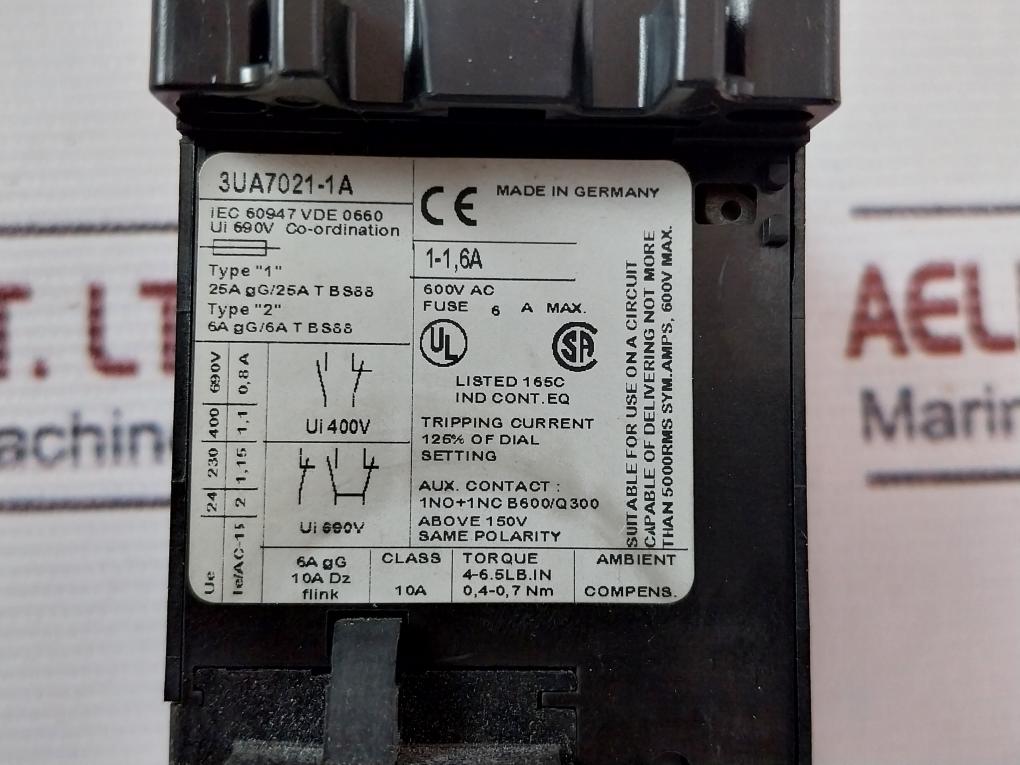 Siemens 3Ua7021-1A Overload Relay 600Vac