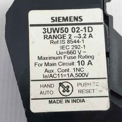 Siemens 3Uw50 02-1D Thermal Overload Relay 1A 500V