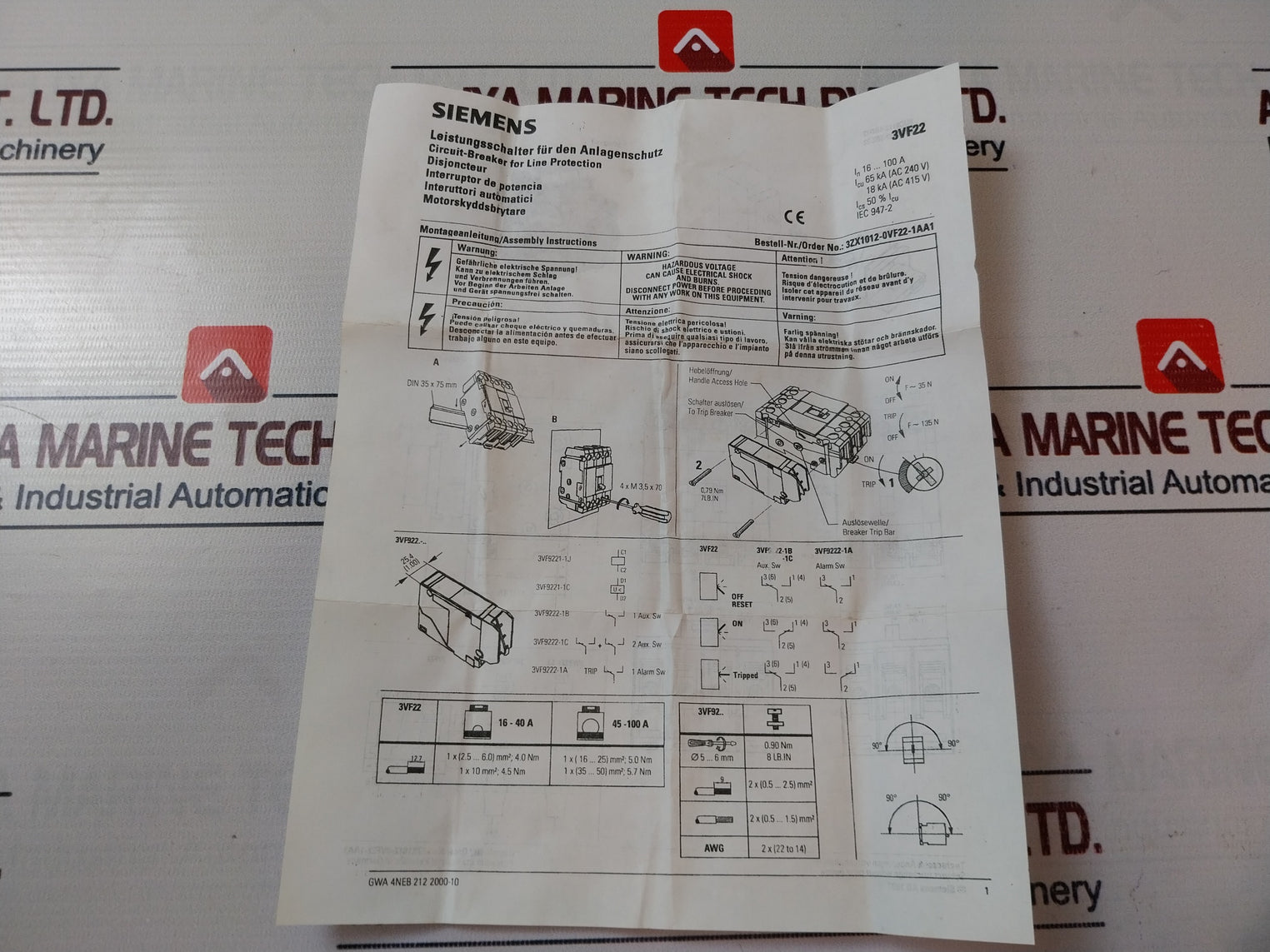 Siemens 3Vf9221-1Jv10 Auxiliary Switch/ Shunt Trip 50/60Hz 380-415 Ac