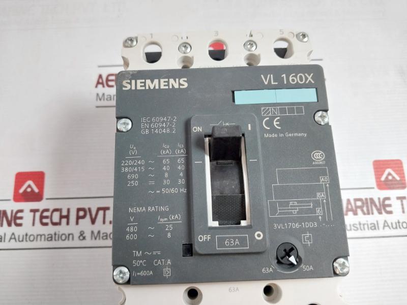 Siemens 3Vl1706-1Dd36-0Aa0 Sentron Vl Circuit Breaker 600A 50/60Hz Vl 160X