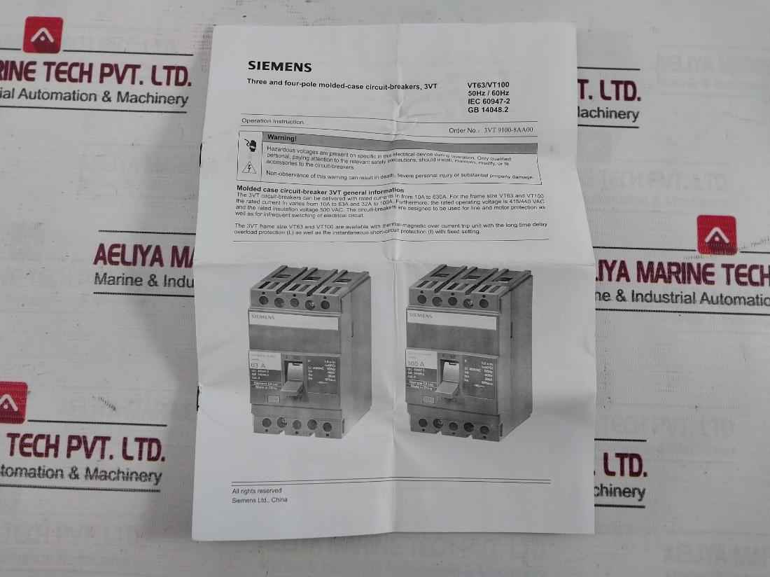 Siemens 3Vt8032-1Aa04-0Aa2 Molded Case Circuit Breaker 50/60Hz 4 Pole 500Vac