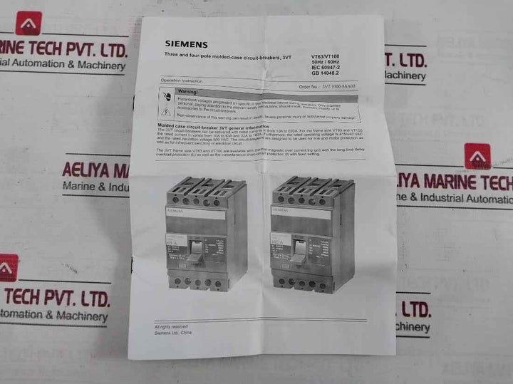 Siemens 3Vt8032-1Aa04-0Aa2 Molded Case Circuit Breaker 50/60Hz 4 Pole 500Vac