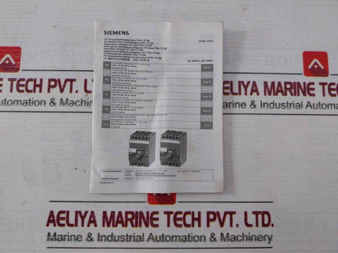 Siemens 3Vt8108-2Aa03-0Aa2 3 Pole Molded Case Circuit Breaker 500Vac 50/60Hz