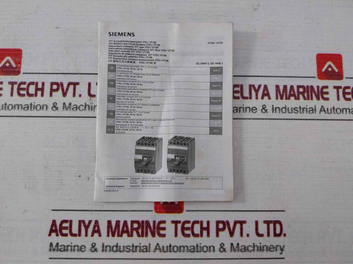 Siemens 3Vt8108-2Aa03-0Aa2 3 Pole Molded Case Circuit Breaker 500Vac 50/60Hz