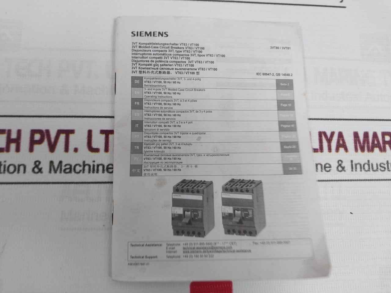 Siemens 3Vt8110-1Aa04-2Ga2 3Vt Molded-case Circuit Breaker Vt100 500 Vac 100A