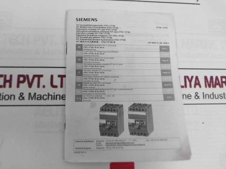 Siemens 3Vt8110-1Aa04-2Ga2 3Vt Molded-case Circuit Breaker Vt100 500 Vac 100A