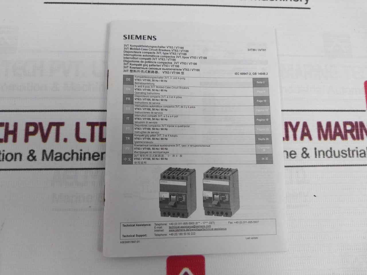 Siemens 3Vt8110-1Aa04-2Ga2 3Vt Molded-case Circuit Breaker Vt100 500 Vac 100A