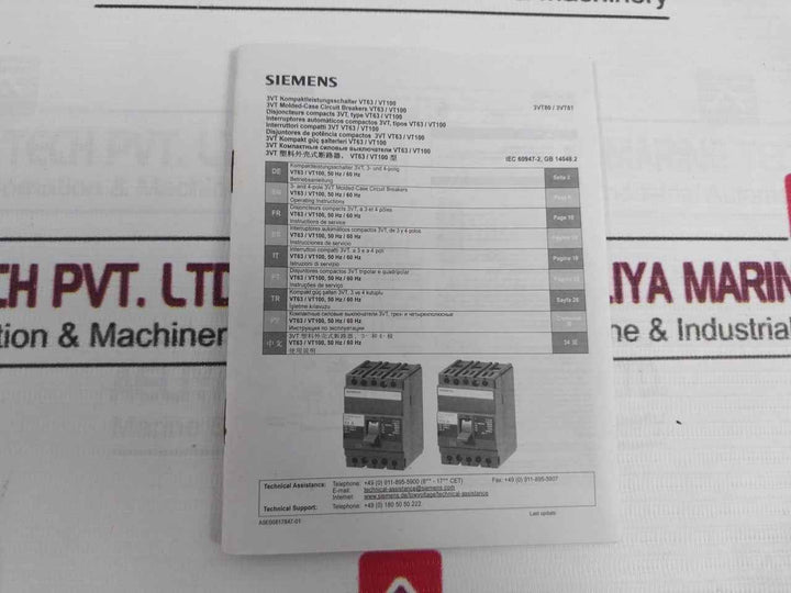 Siemens 3Vt8110-1Aa04-2Ga2 3Vt Molded-case Circuit Breaker Vt100 500 Vac 100A