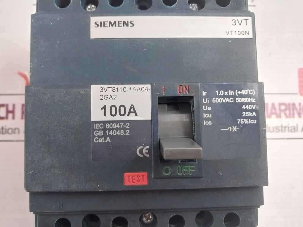 Siemens 3Vt8110-1Aa04-2Ga2 3Vt Molded-case Circuit Breaker Vt100 500 Vac 100A