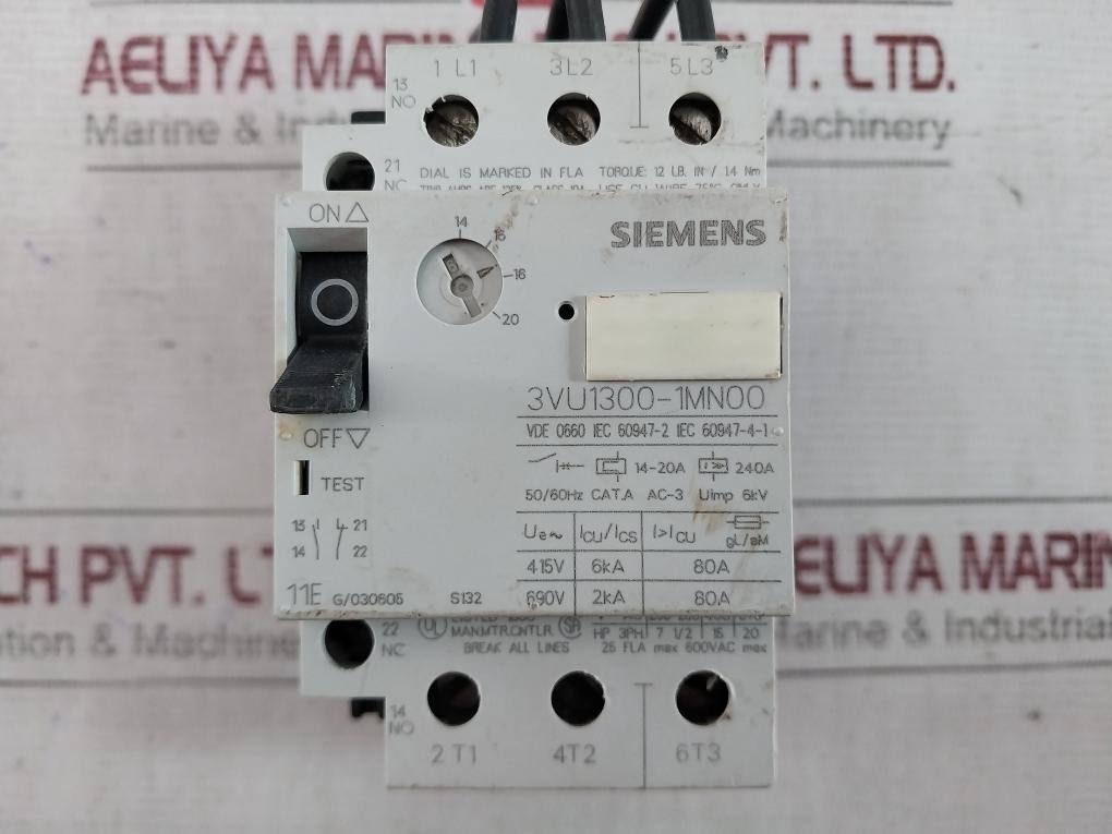 Siemens 3Vu1300-1Mn00 Motor Protector Circuit Breaker 14-20A 600Vac 25Fla