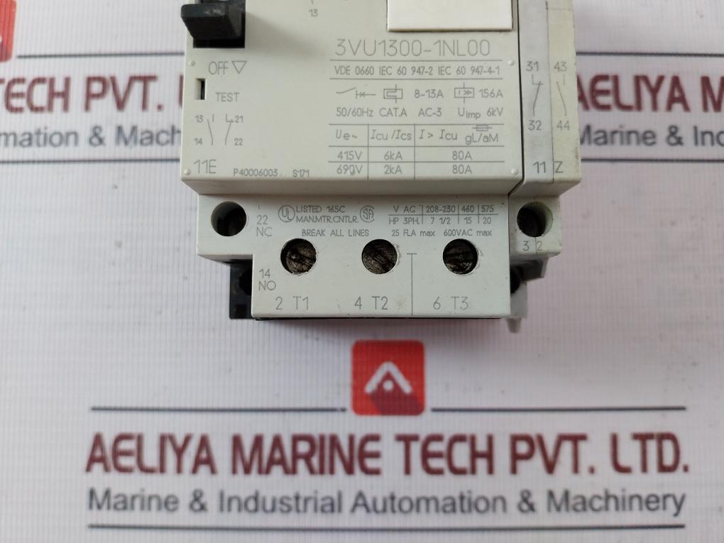 Siemens 3Vu1300-1Nl00 Circuit-breaker For Motor Protection 600Vac Max 6A 10A