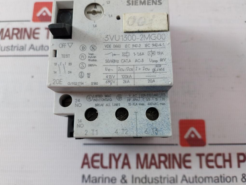 Siemens 3Vu1300-2Mg00 Motor Protection Circuit Breaker – 1-1.6A 380V 2No Aux