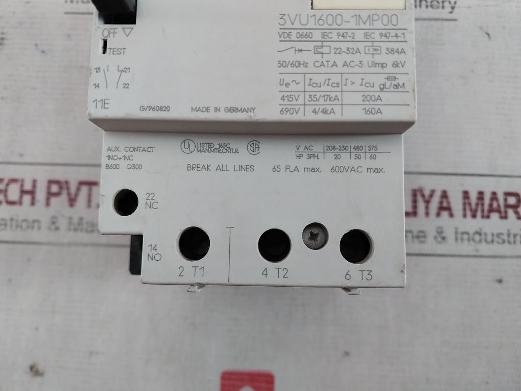 Siemens 3Vu1600-1Mp00 Manually Motor Controller 22–32A 600Vac Max