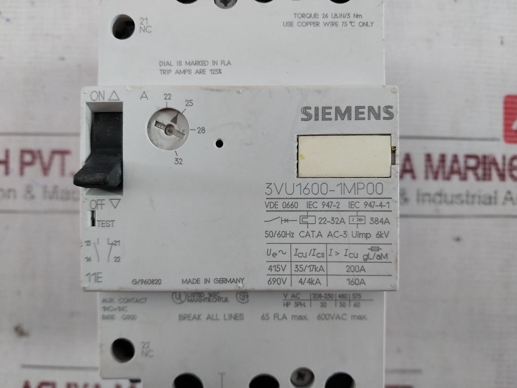 Siemens 3Vu1600-1Mp00 Manually Motor Controller 22–32A 600Vac Max